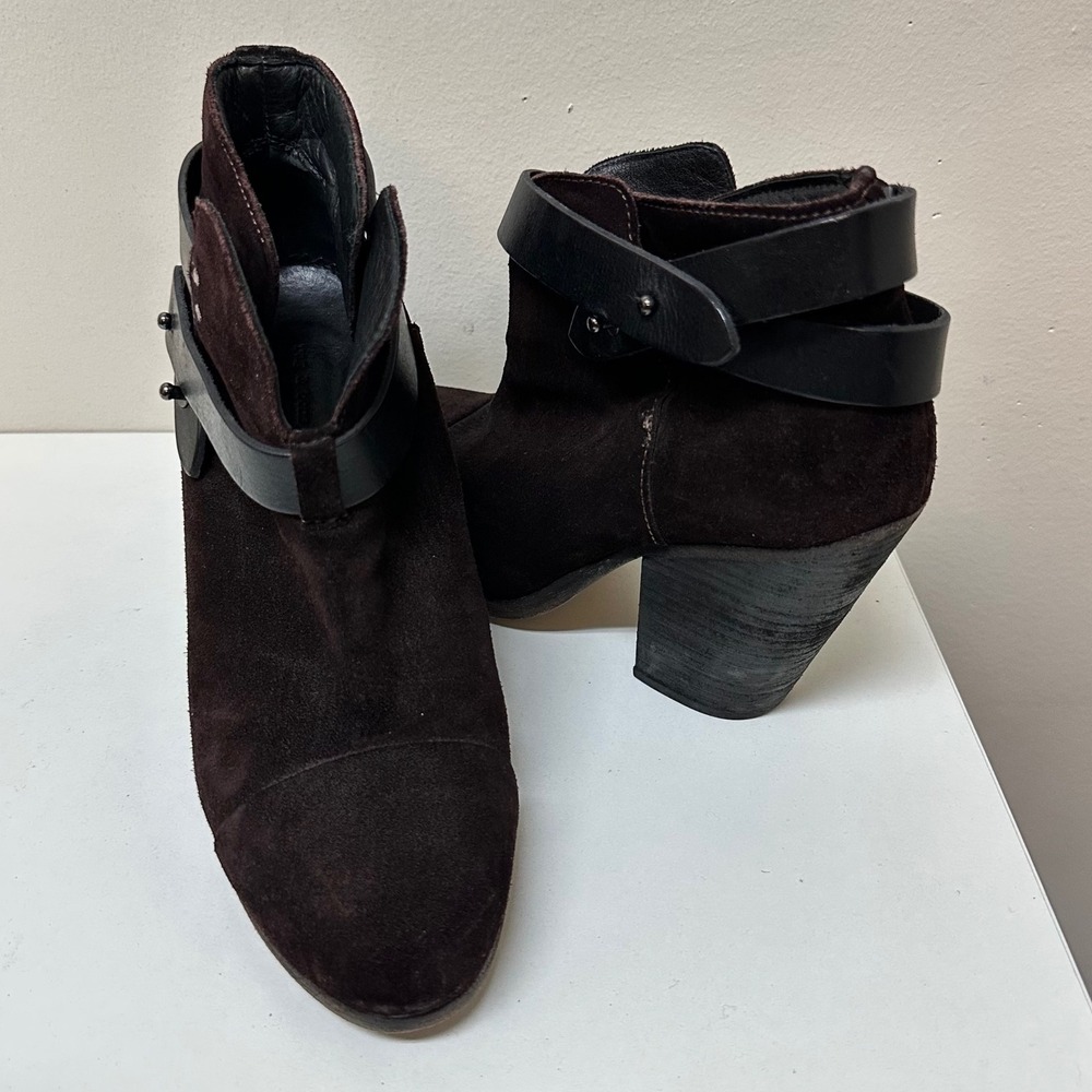 Rag & Bone Harrow Dark Brown Suede Black Leather Wrap Strap Ankle Boots 38